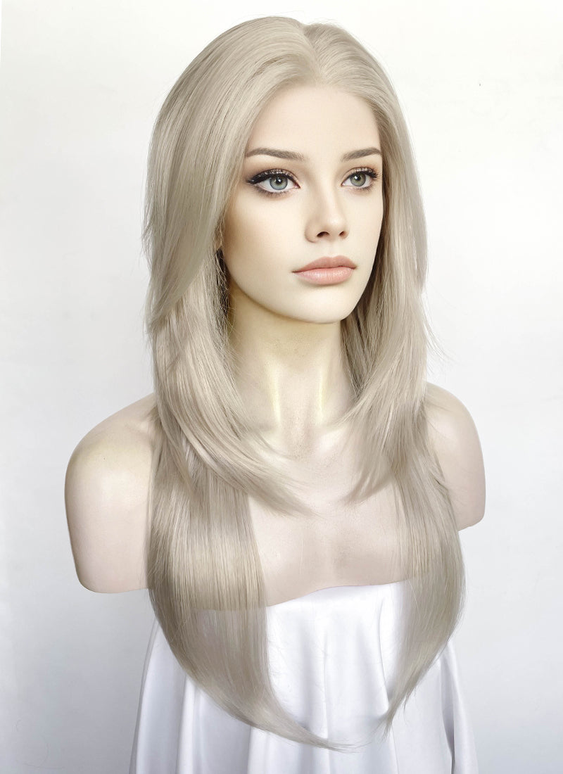 Pastel Blondish Grey Curtain Bangs Straight Lace Front