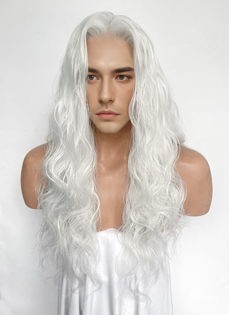 【美品】ALBIT Germa Wave FUZZ GWF-1 White Wavy Lace Front Synthetic Men's Wig | WigIsFashion