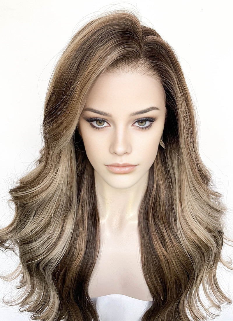 Balayage Blonde Mixed Brown Wavy Lace Front Kanekalon Synthetic Wig LFS045