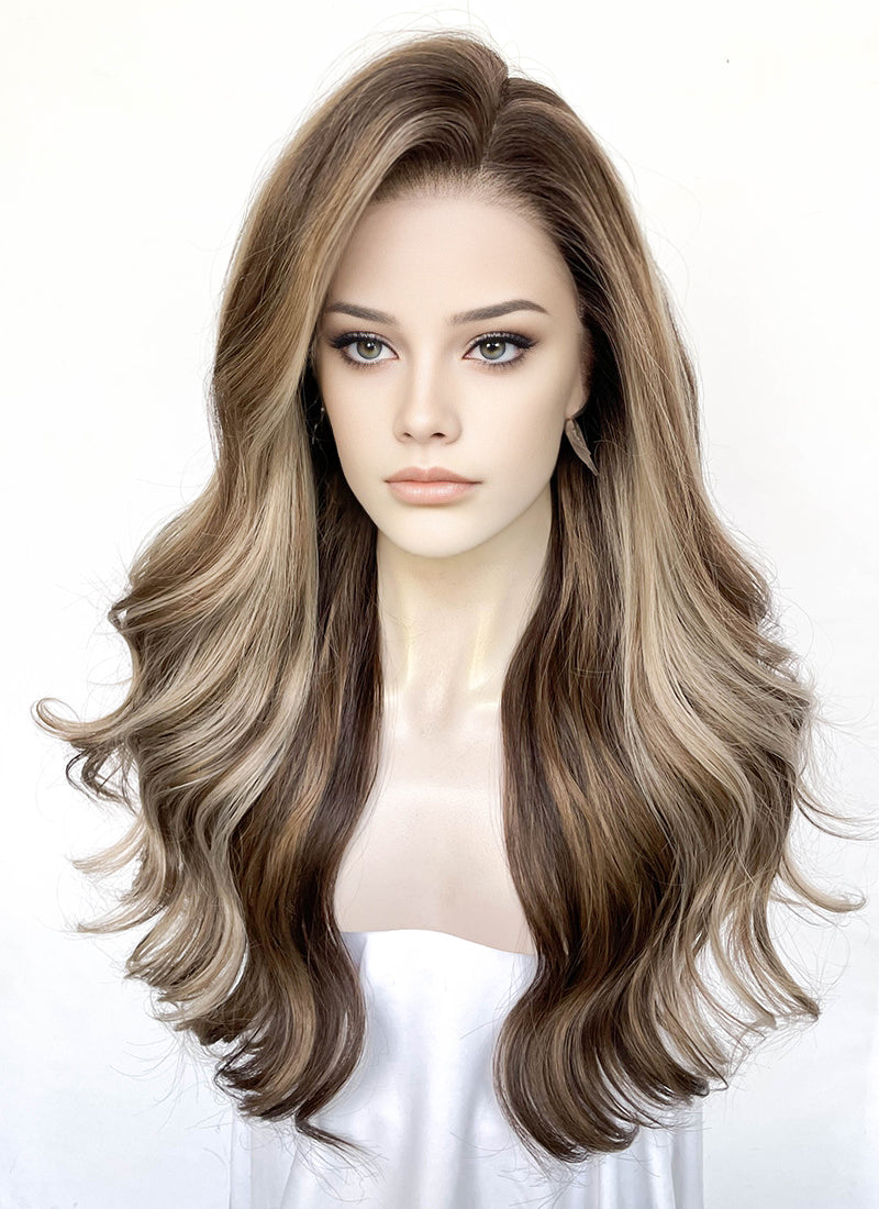 Balayage Blonde Mixed Brown Wavy Lace Front Kanekalon Synthetic Wig LFS045