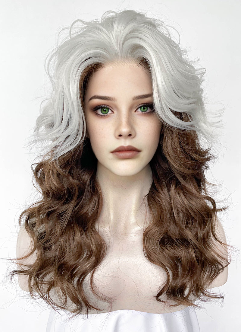 X-Men Rogue Silver White Mixed Brown Wavy Lace Front Synthetic Wig LW4109A