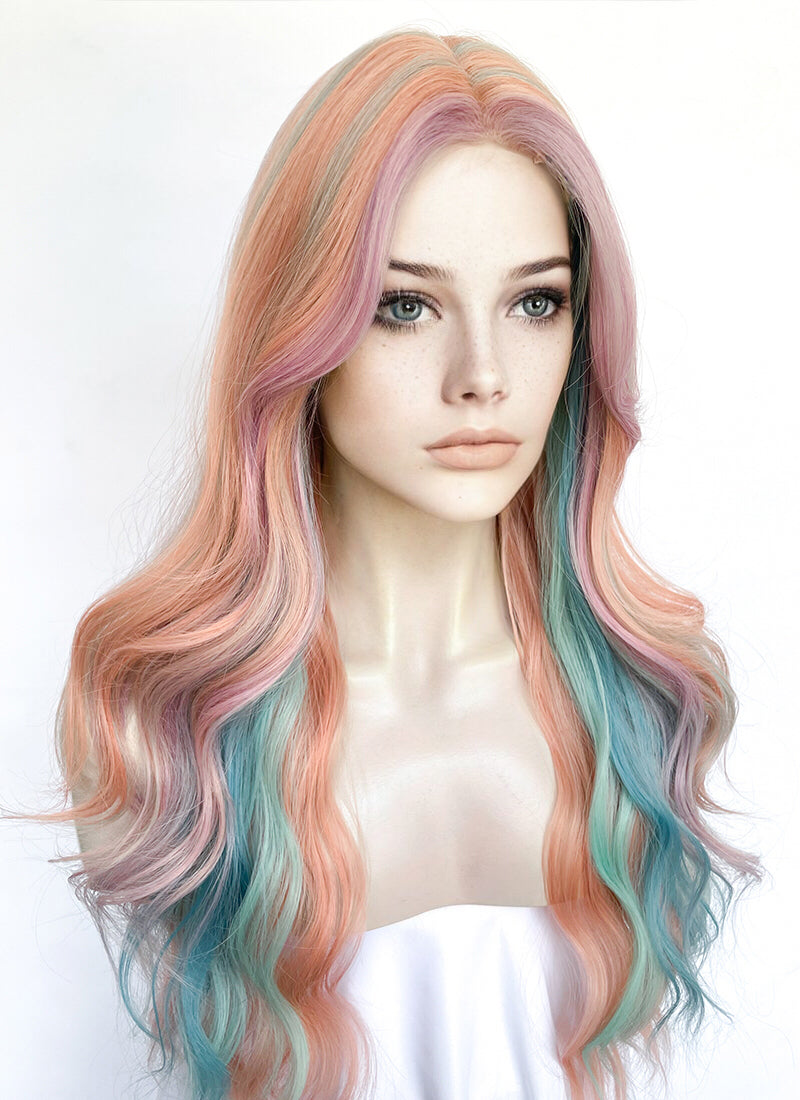 Pink Rainbow Color Wavy Synthetic Wig NL087 | WigIsFashion