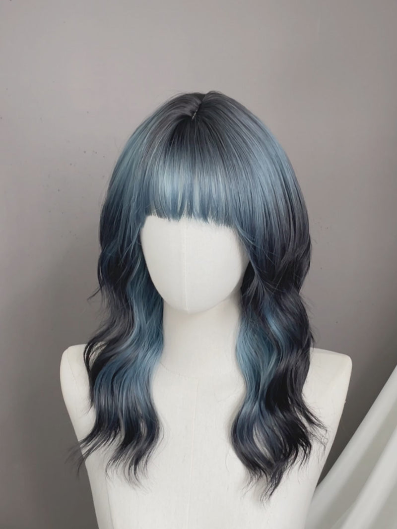 Blue Mixed Black Wavy Synthetic Hair Wig NS598