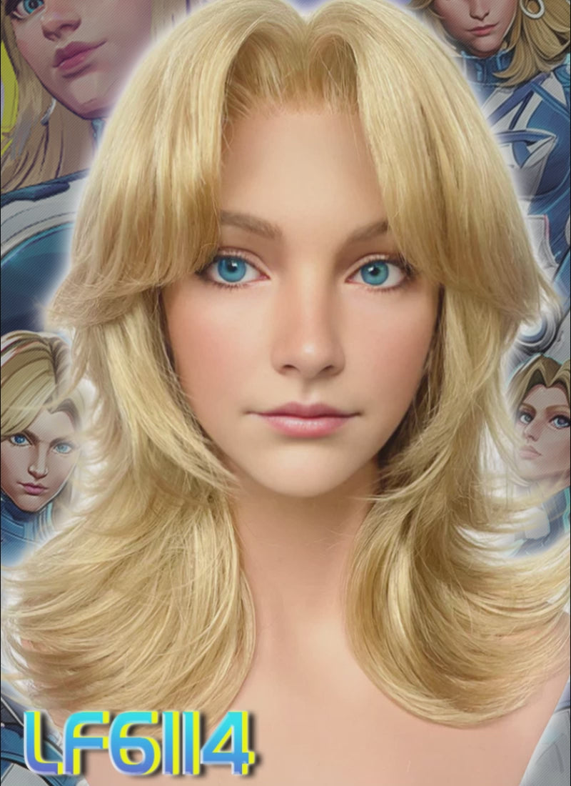 Marvel Rivals Invisible Woman Blonde Curtain Bangs Wavy Lace Front Synthetic Wig LF6114