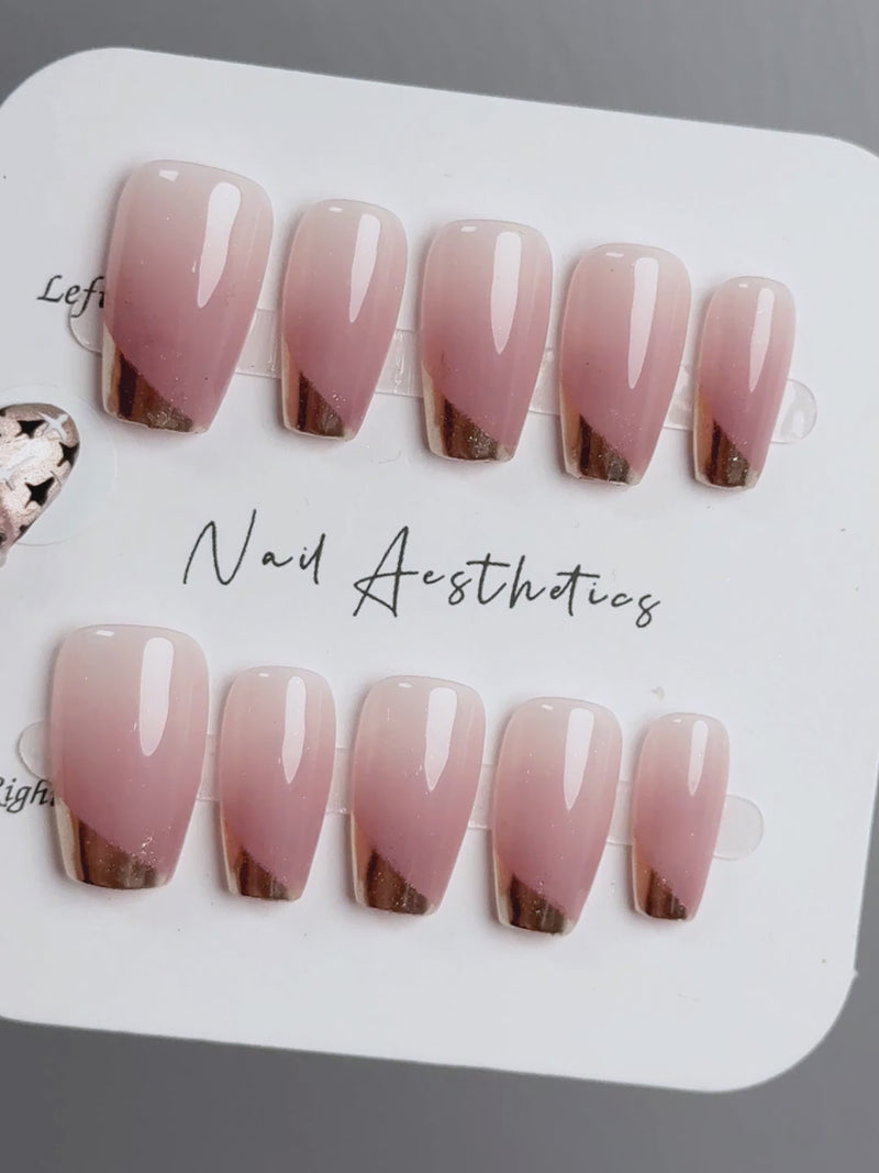 Diagonal French Pink Gradient-Tone Coffin Handmade Press-On Nails NF043