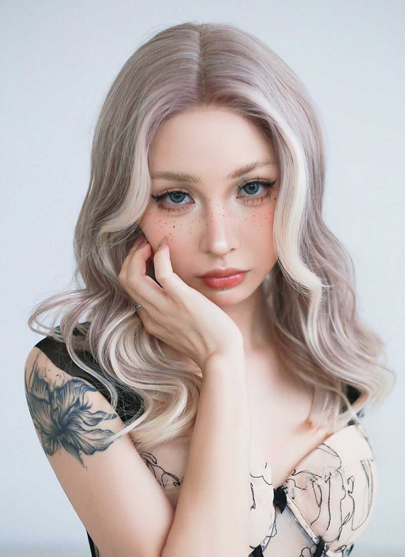 Ash Purple With Blonde Highlights Money Piece Wavy Lace Front Synthetic Wig LF3283