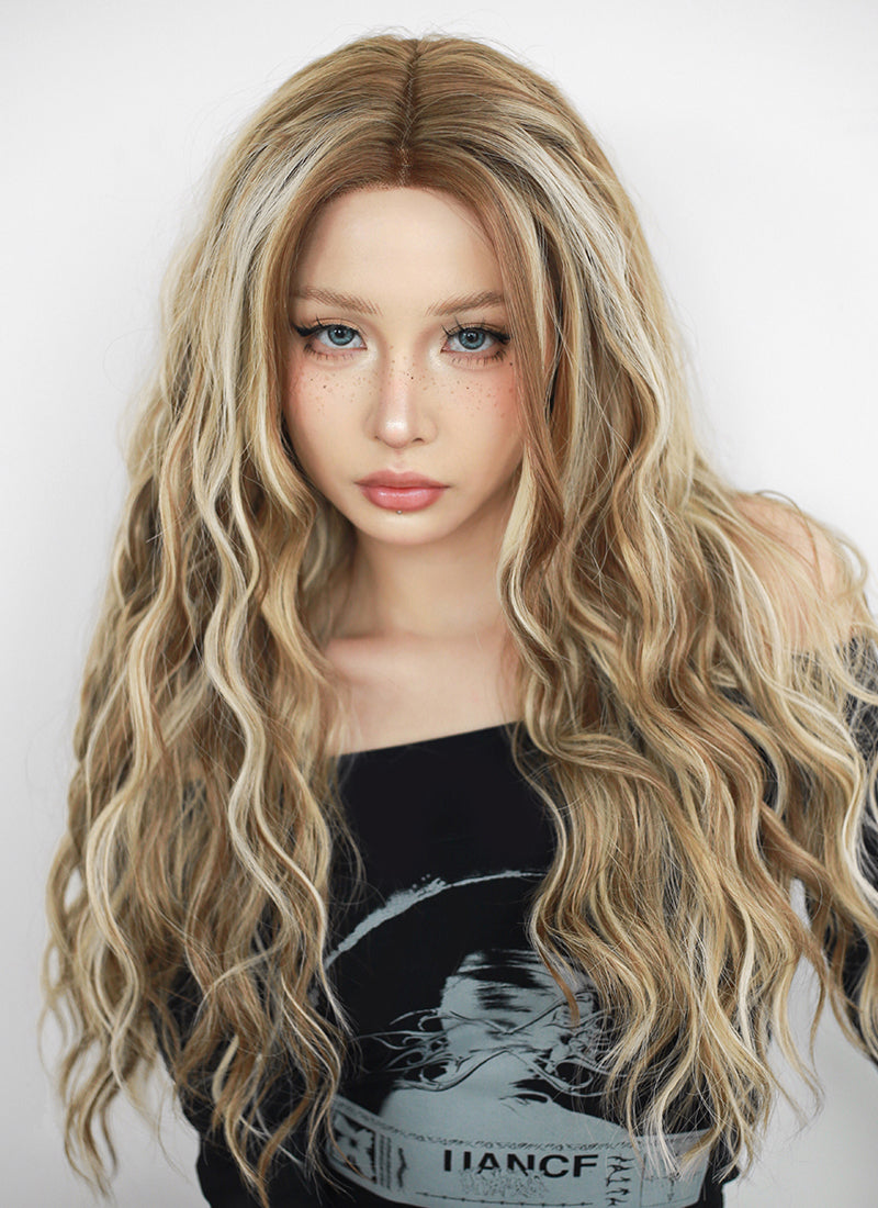 Brown With Blonde Highlights Curly Lace Front Synthetic Wig LF3289
