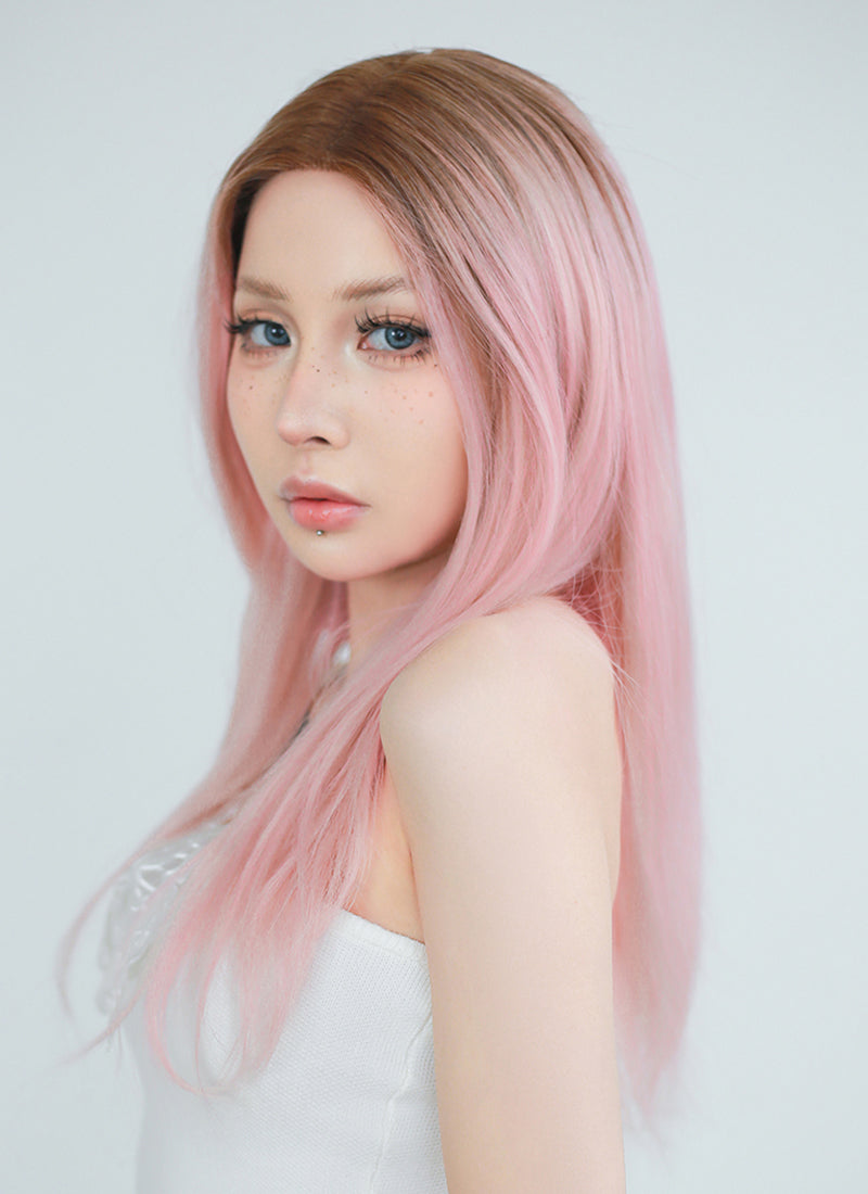 Pastel Pink With Brown Roots Straight Lace Front Kanekalon Synthetic Wig LF6008