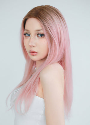 Pastel Pink With Brown Roots Straight Lace Front Kanekalon Synthetic Wig LF6008
