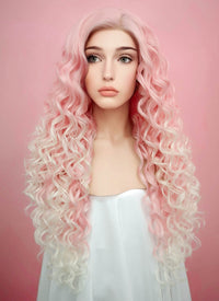 Pastel Pink Blonde Ombre Spiral Curly Lace Front Synthetic Wig LF165
