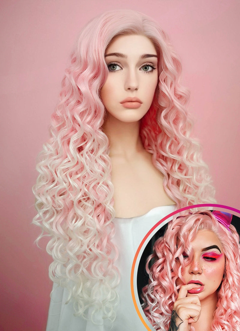 Pastel Pink Blonde Ombre Spiral Curly Lace Front Synthetic Wig LF165