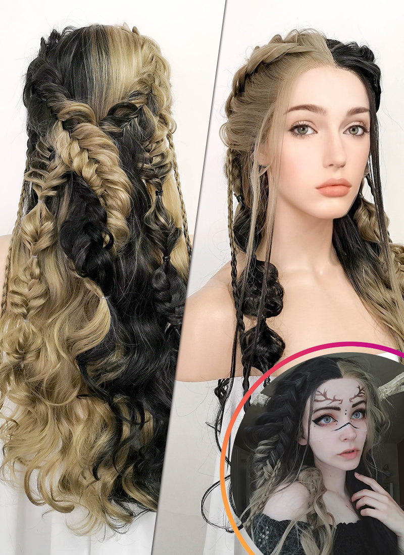 Blonde Black Split Gemini Color Braided Lace Front Synthetic Wig LF2091
