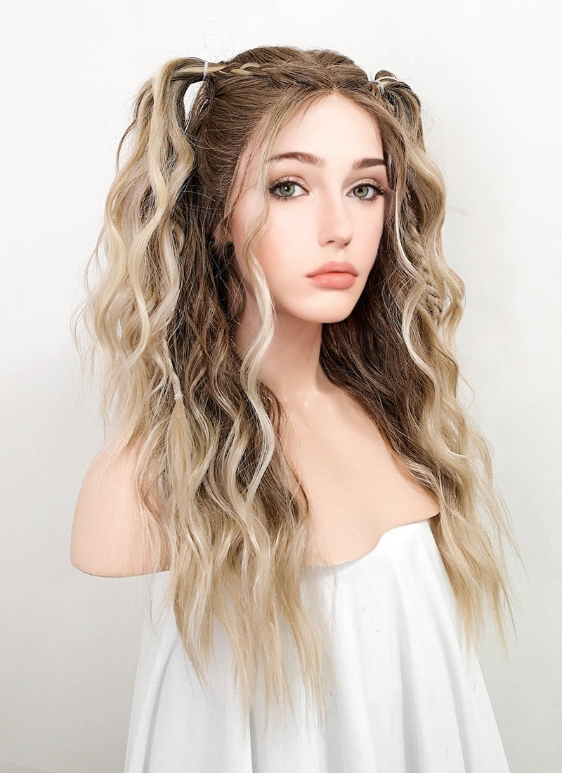 Balayage Blonde Highlights Money Piece Wavy Lace Front Kanekalon Synthetic Wig LF2094