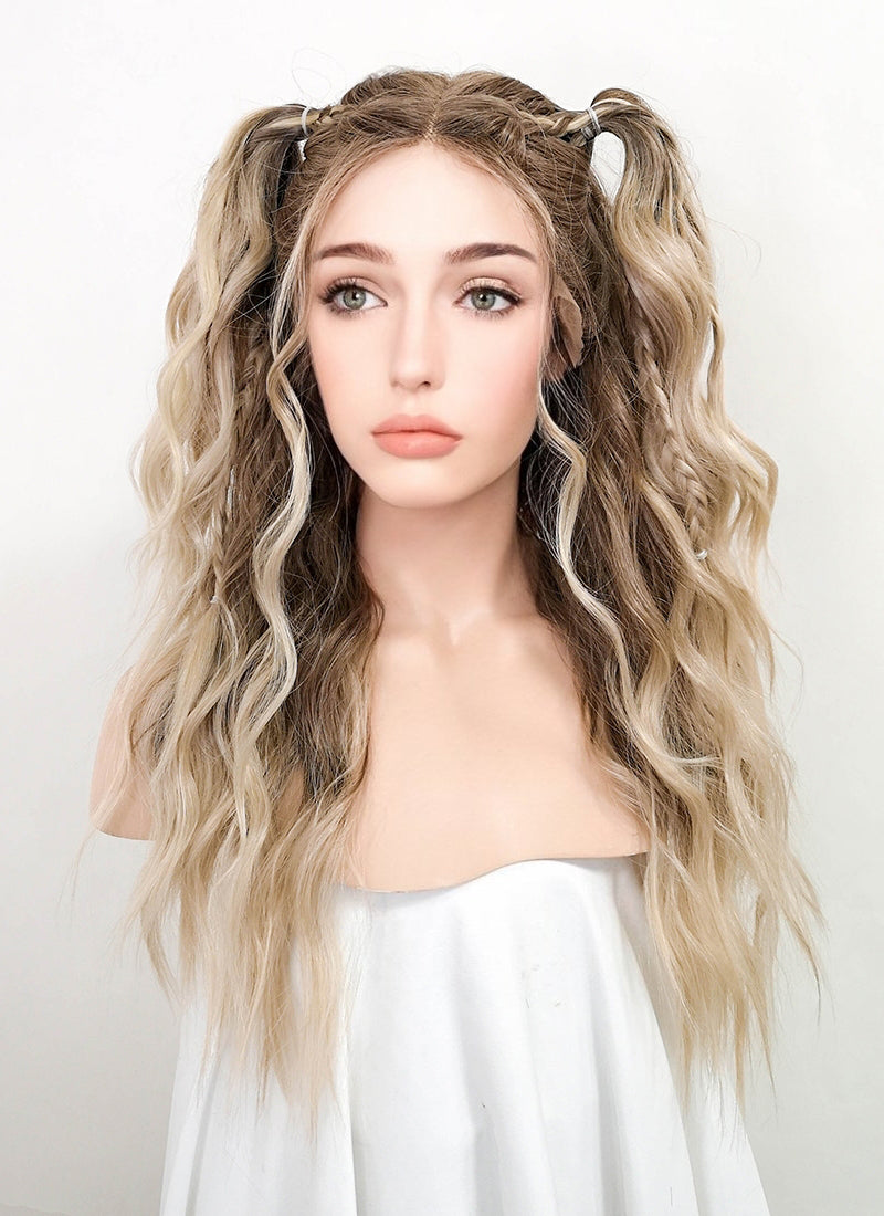 Balayage Blonde Highlights Money Piece Wavy Lace Front Kanekalon Synthetic Wig LF2094