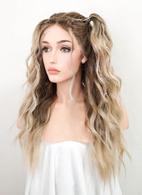 Balayage Blonde Highlights Money Piece Wavy Lace Front Kanekalon Synthetic Wig LF2094