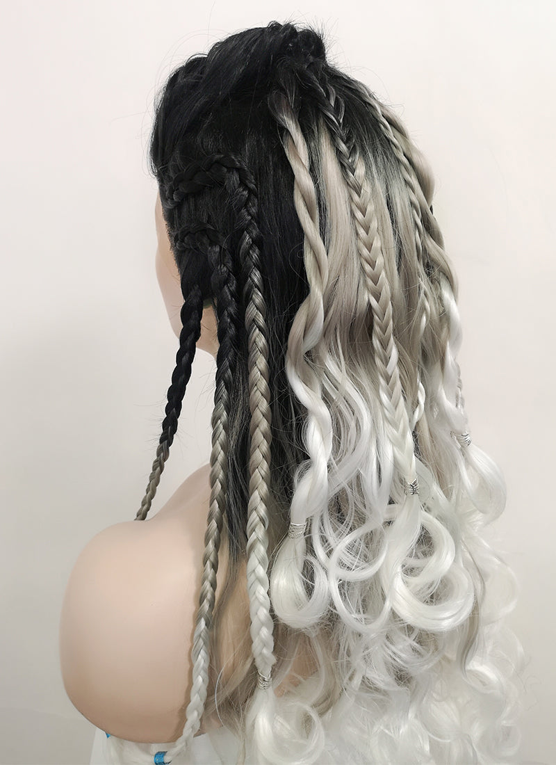 Critical Role Yasha Nydoorin Black Grey White Ombre Braided Lace Front Synthetic Wig LF2121