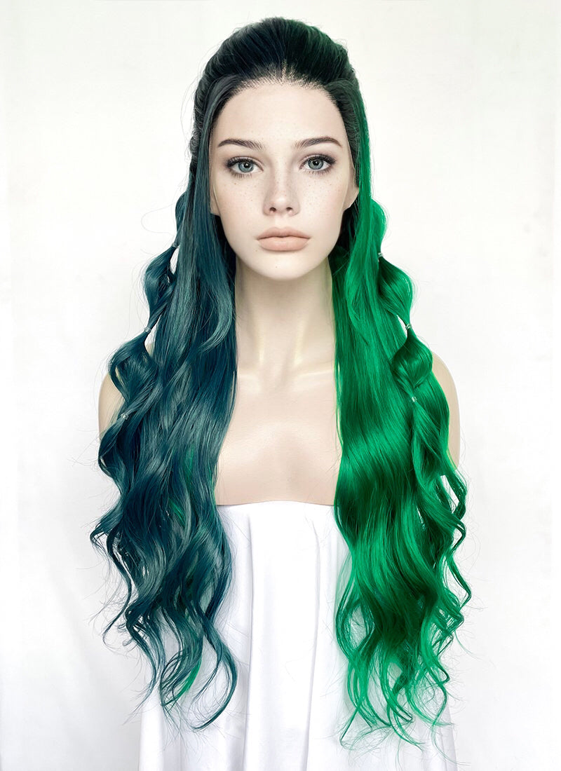 Blue Green Split Gemini Color With Dark Roots Braided Lace Front Synthetic Wig LF2151