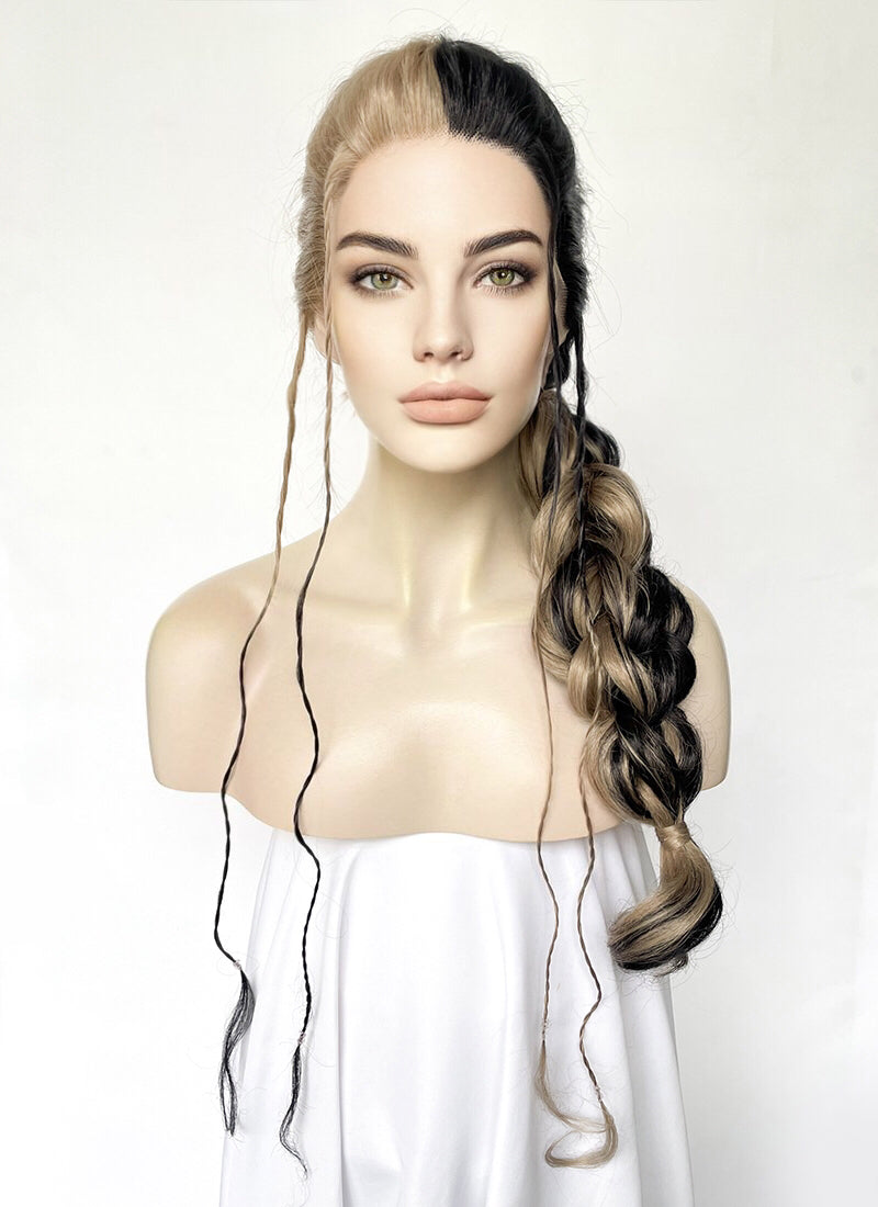 Blonde Black Split Gemini Color Braided Lace Front Synthetic Wig