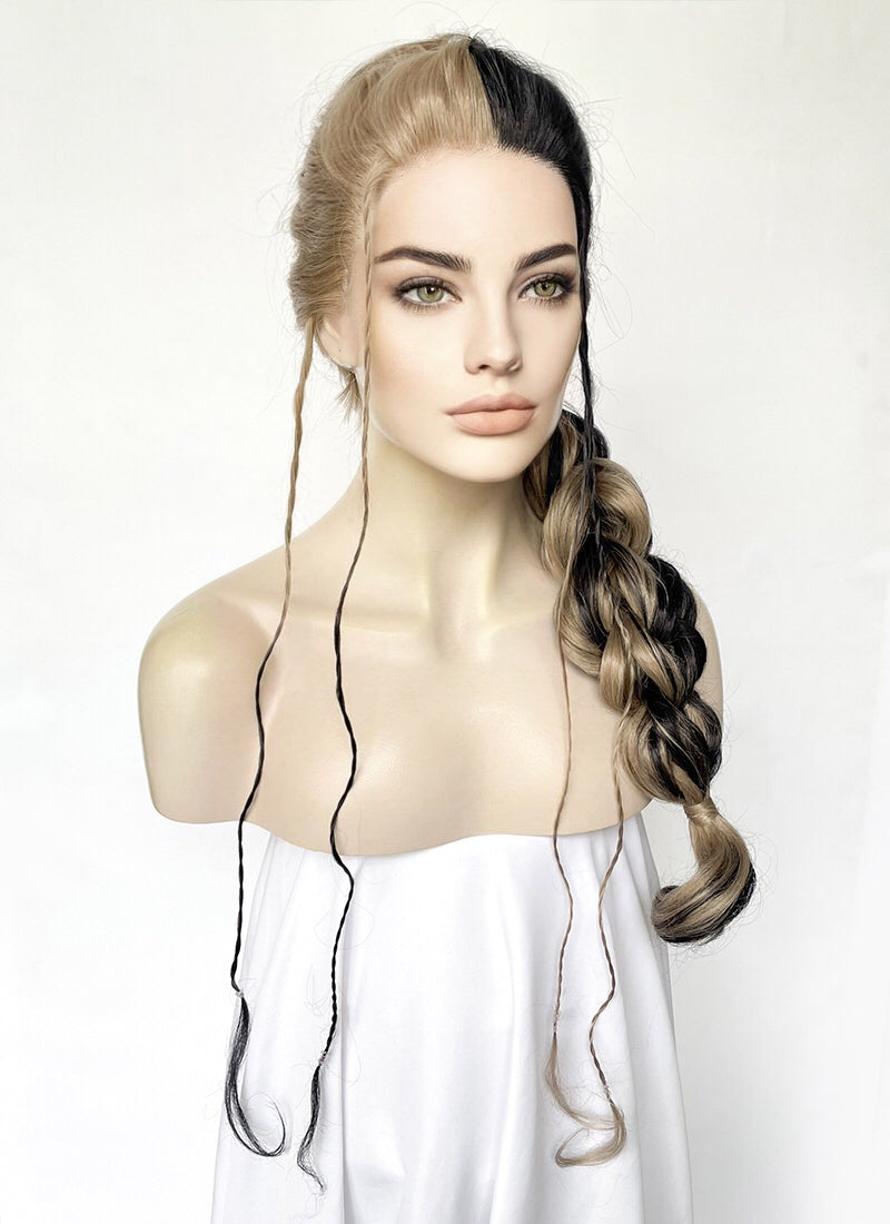 Blonde Black Split Gemini Color Braided Lace Front Synthetic Wig