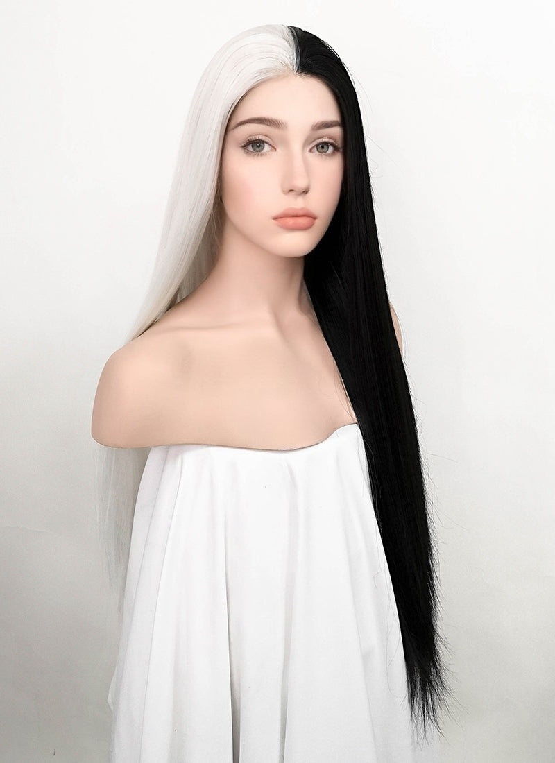 White Black Split Color Straight Lace Front Synthetic Wig LF3185