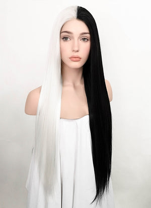 White Black Split Gemini Color Straight Lace Front Synthetic Wig LF3185