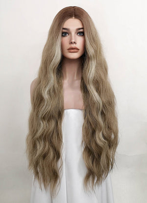 Ash Blonde With Brown Roots Money Piece Wavy Lace Front Synthetic Wig LF3219