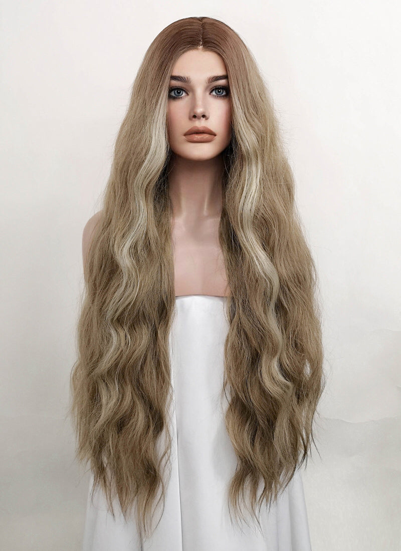 Ash Blonde With Brown Roots Money Piece Wavy Lace Front Synthetic Wig LF3219