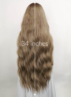 Ash Blonde With Brown Roots Money Piece Wavy Lace Front Synthetic Wig LF3219