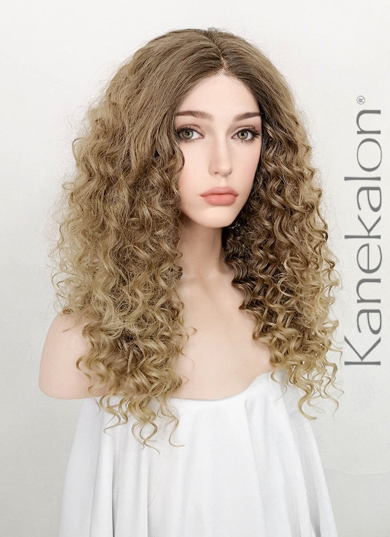 Mixed Blonde With Dark Roots Curly  Lace Front Kanekalon Synthetic Wig LF3242