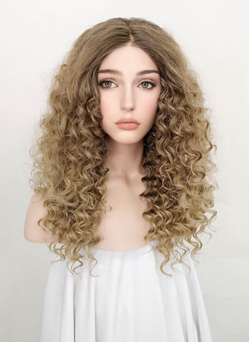 Mixed Blonde With Brown Roots Curly Lace Front Kanekalon Synthetic Wig LF3242