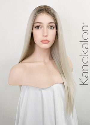 Platinum Blonde With Dark Roots Straight Lace Front Kanekalon Synthetic Wig LF3243