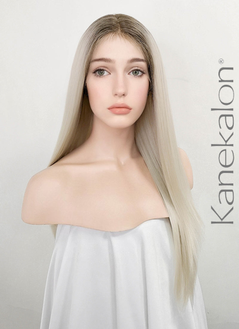 Platinum Blonde With Dark Roots Straight Lace Front Kanekalon Synthetic Wig LF3243