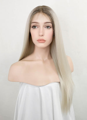 Platinum Blonde With Dark Roots Straight Lace Front Kanekalon Synthetic Wig LF3243