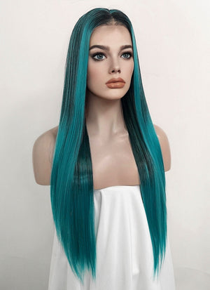 Two Tone Green Ombre Money Piece Straight Lace Front Kanekalon Synthetic Wig LF3256