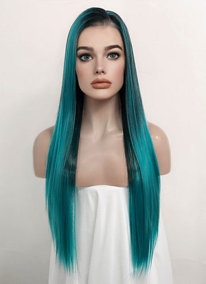 Two Tone Green Ombre Money Piece Straight Lace Front Kanekalon Synthetic Wig LF3256