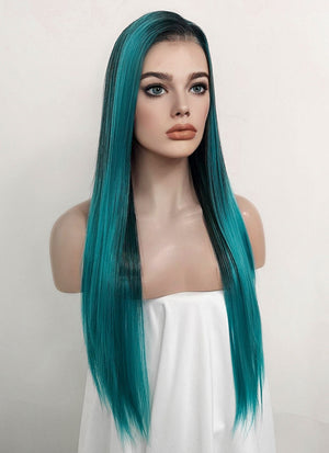 Two Tone Green Ombre Money Piece Straight Lace Front Kanekalon Synthetic Wig LF3256