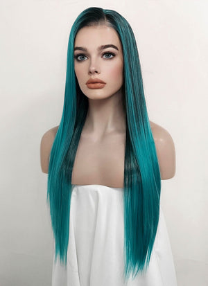 Two Tone Green Ombre Money Piece Straight Lace Front Kanekalon Synthetic Wig LF3256