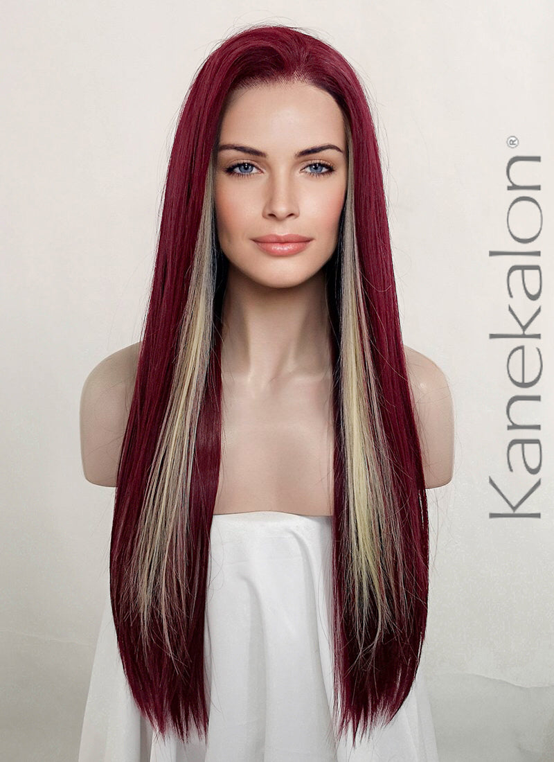 Dark Red Mixed Blonde Straight Lace Front Kanekalon Synthetic Wig LF3261