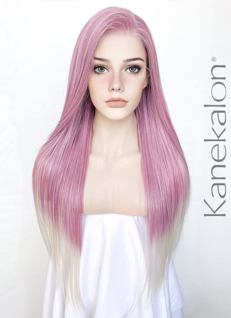 Pink Grey Ombre Straight Lace Front Kanekalon Synthetic Wig LF3262