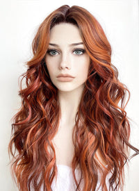 Mixed Auburn With Dark Roots Wavy Lace Front Kanekalon Synthetic Wig LF3272