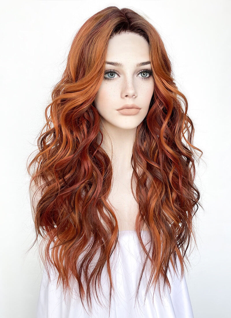 Mixed Auburn With Dark Roots Wavy Lace Front Kanekalon Synthetic Wig LF3272