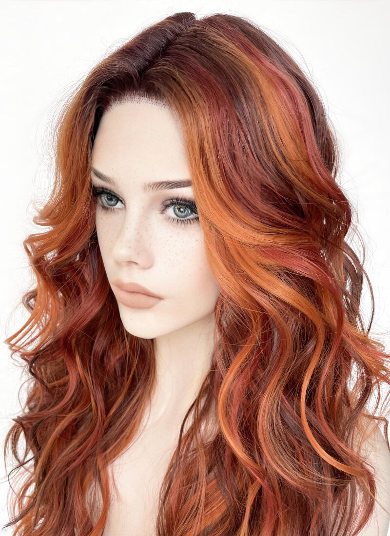 Mixed Auburn With Dark Roots Wavy Lace Front Kanekalon Synthetic Wig LF3272