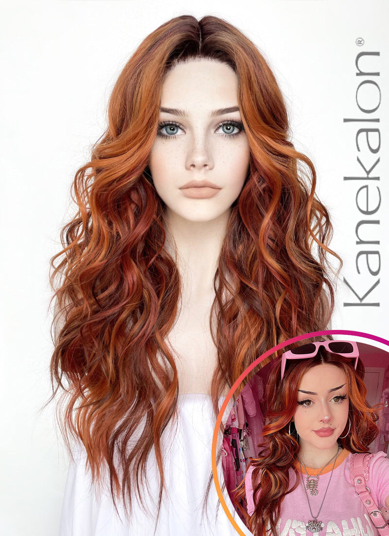 Mixed Auburn With Dark Roots Wavy Lace Front Kanekalon Synthetic Wig LF3272