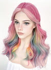 Pastel Pink Rainbow Color Wavy Lace Front Synthetic Wig LF3273