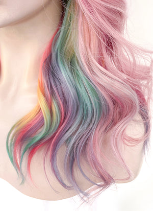 Pastel Pink Rainbow Color Wavy Lace Front Synthetic Wig LF3273