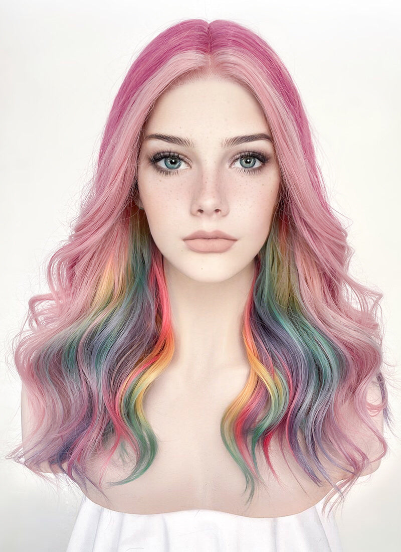 Pastel Pink Rainbow Color Wavy Lace Front Synthetic Wig LF3273