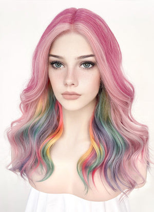 Pastel Pink Rainbow Color Wavy Lace Front Synthetic Wig LF3273
