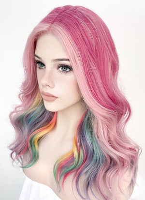 Pastel Pink Rainbow Color Wavy Lace Front Synthetic Wig LF3273