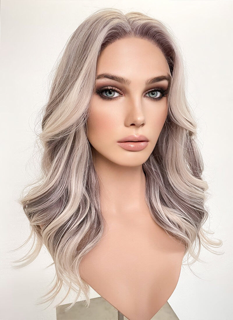 Ash Purple With Blonde Highlights Money Piece Wavy Lace Front Synthetic Wig LF3283