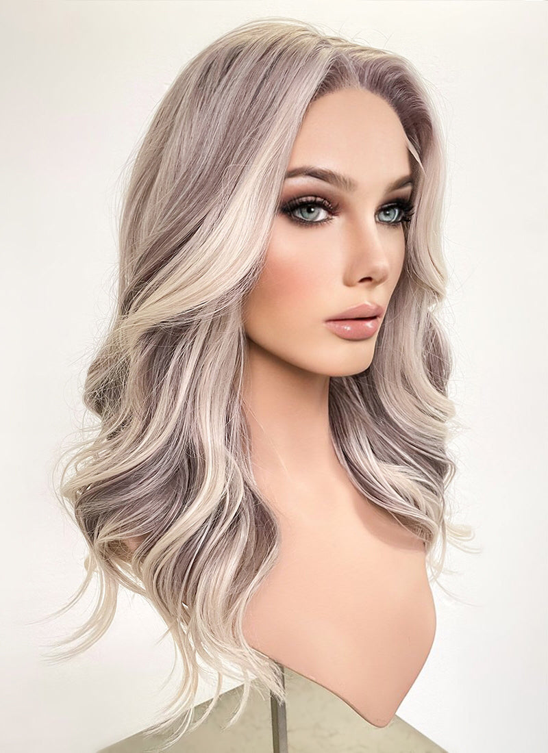 Ash Purple With Blonde Highlights Money Piece Wavy Lace Front Synthetic Wig LF3283